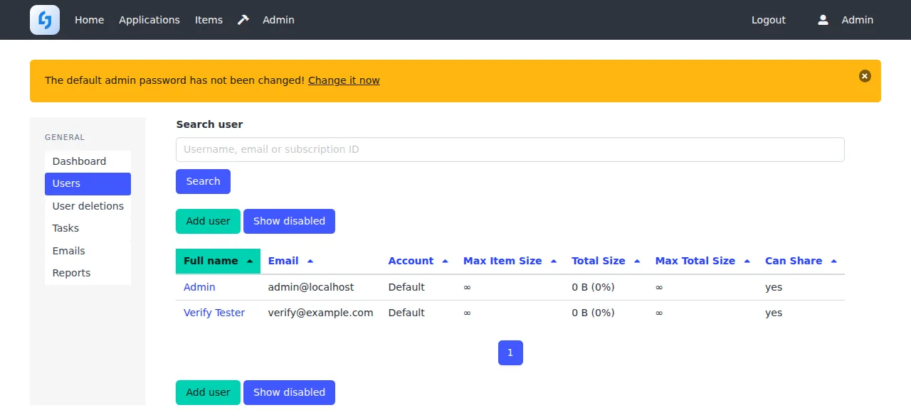 The Joplin Server Users list with the new user Verify Tester