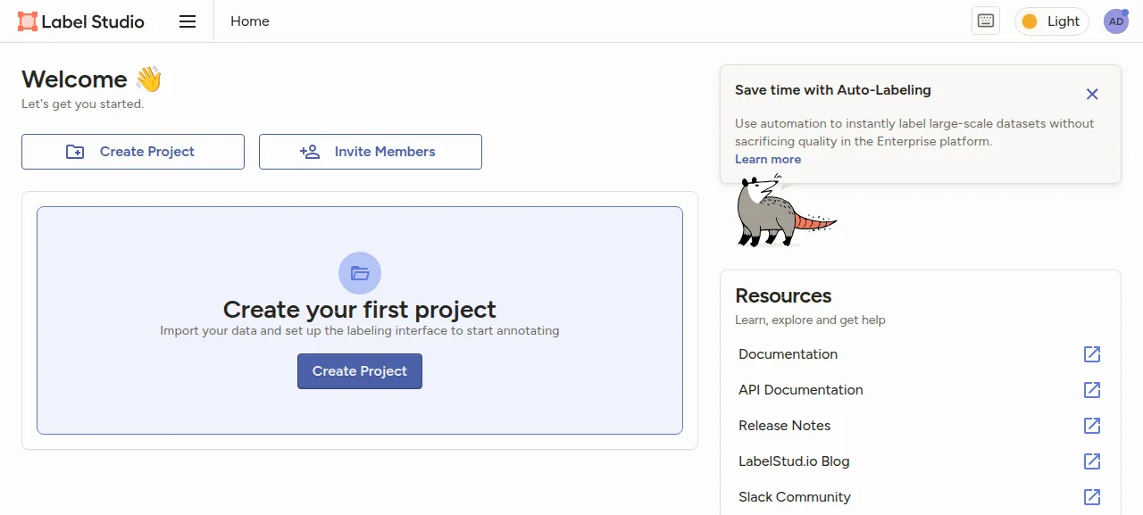 The Label Studio welcome page after signing in