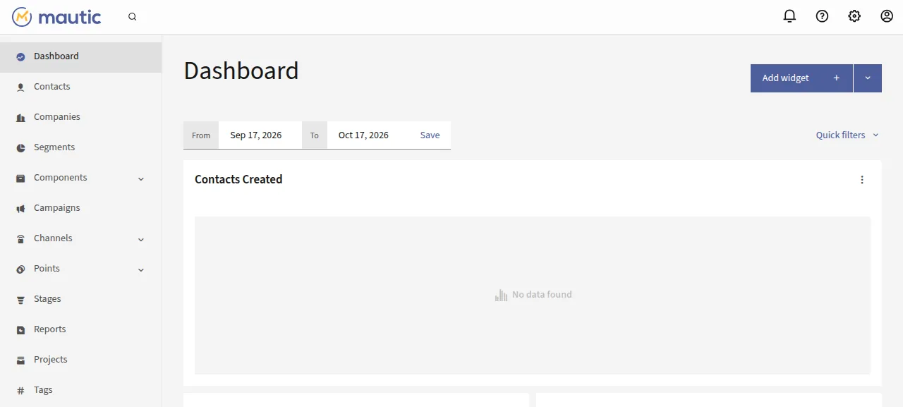 The Mautic dashboard after signing in