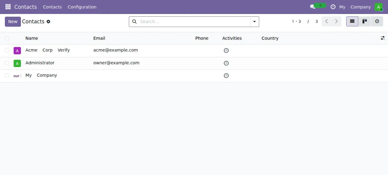 The Odoo Contacts list with the new contact Acme Corp Verify